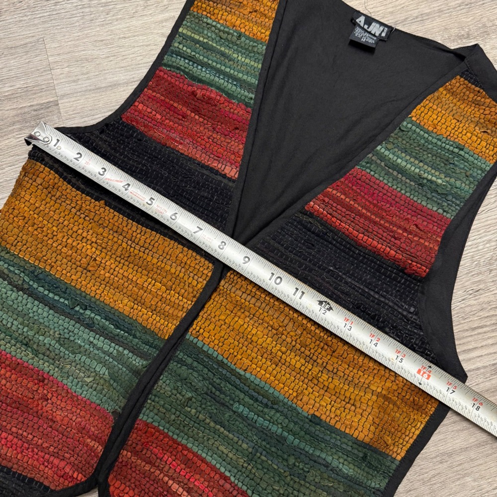 AJNY Woven Leather Vest Medium Earth Tone Striped Boho‎ Open Front Tie Back - Picture 8 of 11
